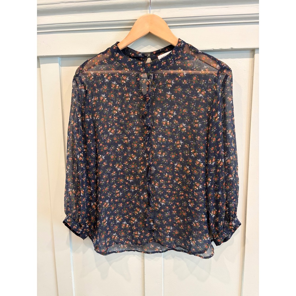 Amour Vert 100% Silk Floral Sheer Blouse Navy Ditsy Ruffle High Neck Small